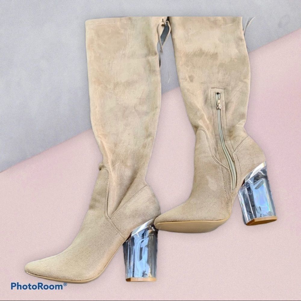 EUC Missguided Tan Lucite Chunk Heel Boot WOW